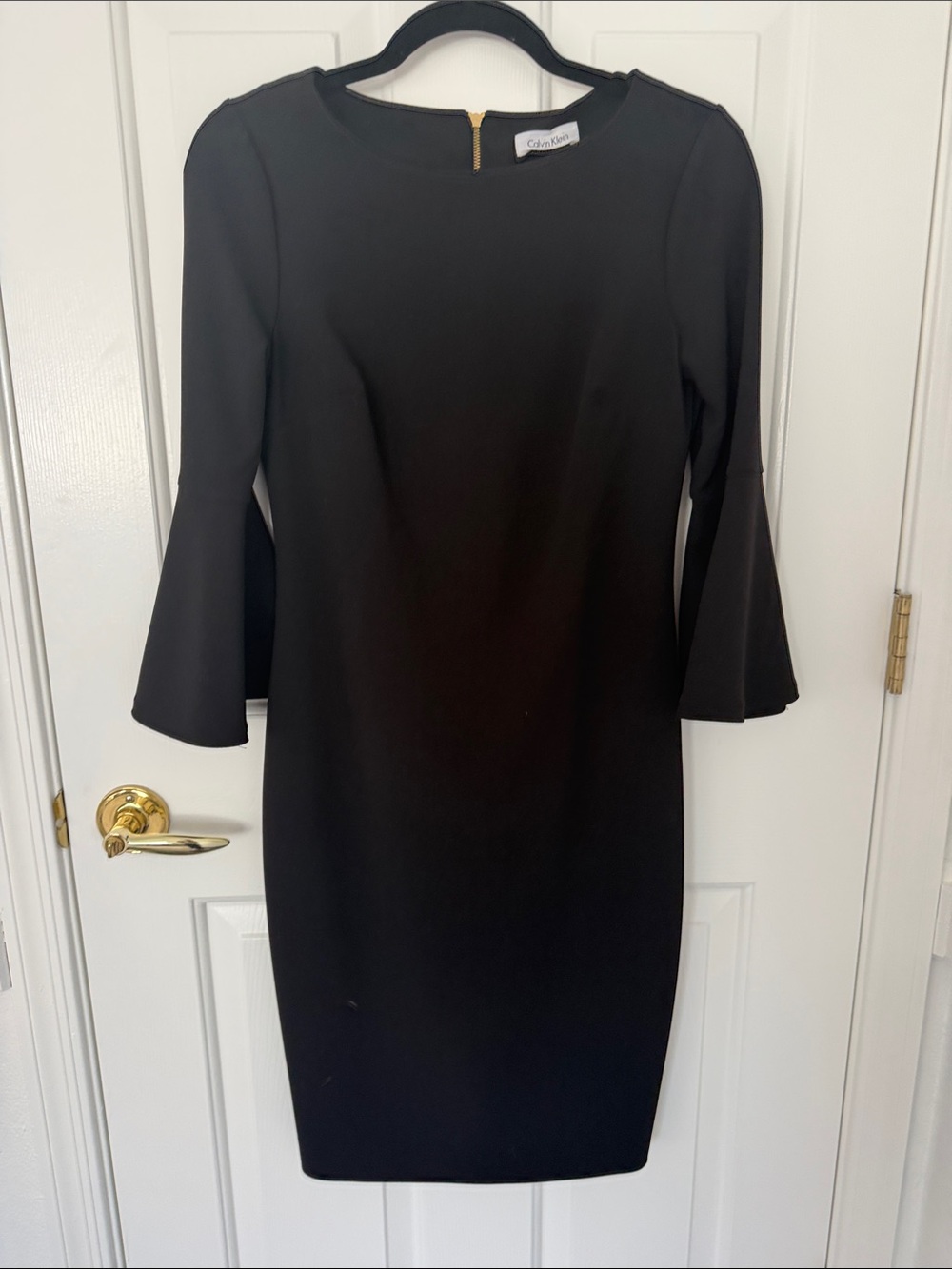 Calvin Klein Black Long Sleeve Bell Cuff Sheath Dress with Back Zip